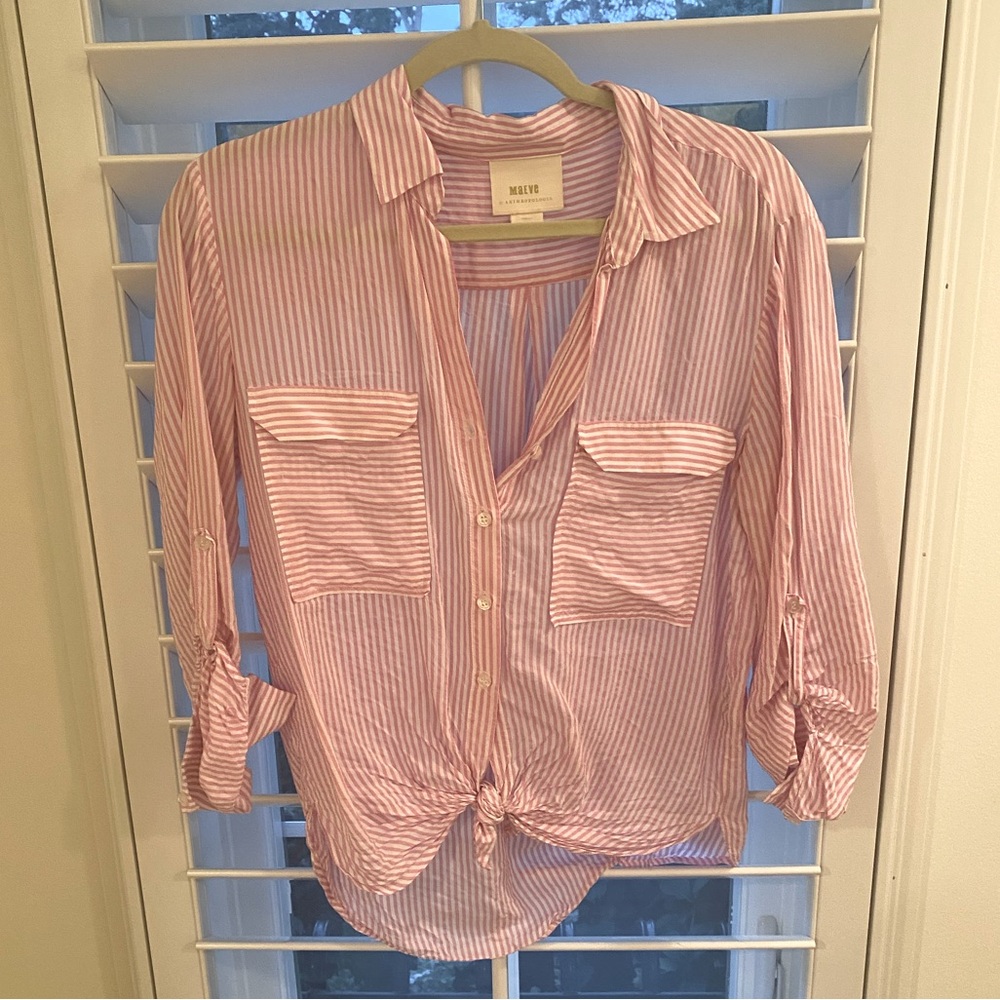 Summer white and pink striped shirt, purchased from Anthropologie, by Maeve